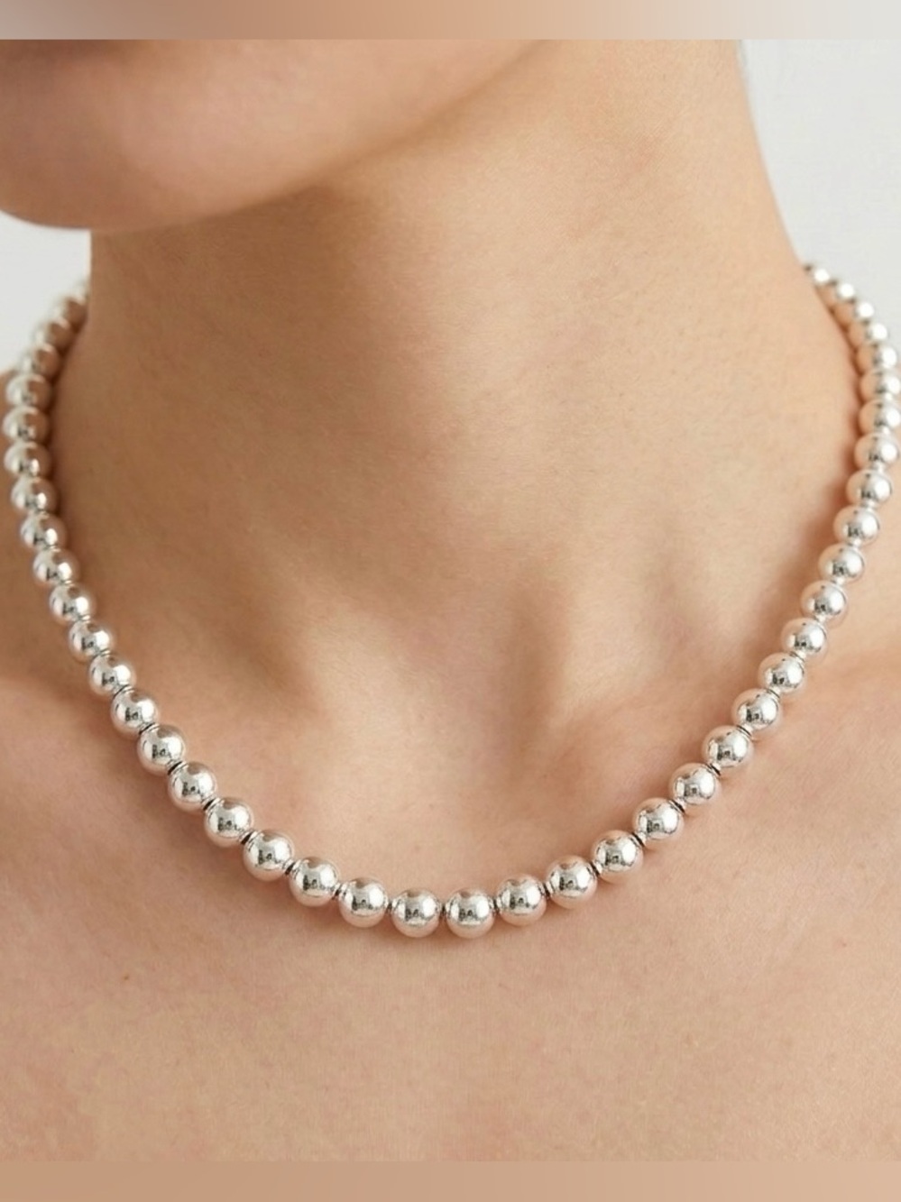 Silver 8mm Beaded necklace- Polished Look